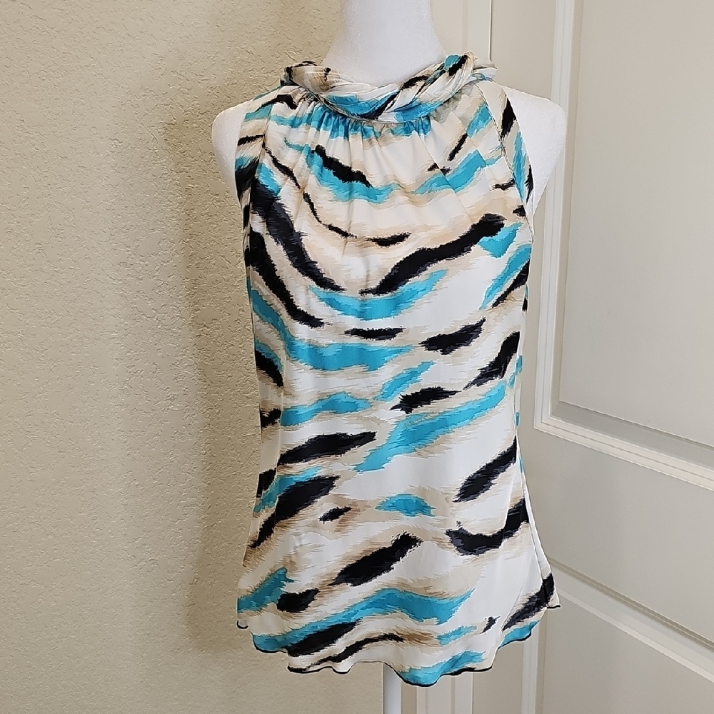 New Directions Faux Silk Turquoise, White Zebra Print SleevelessTop Petite M